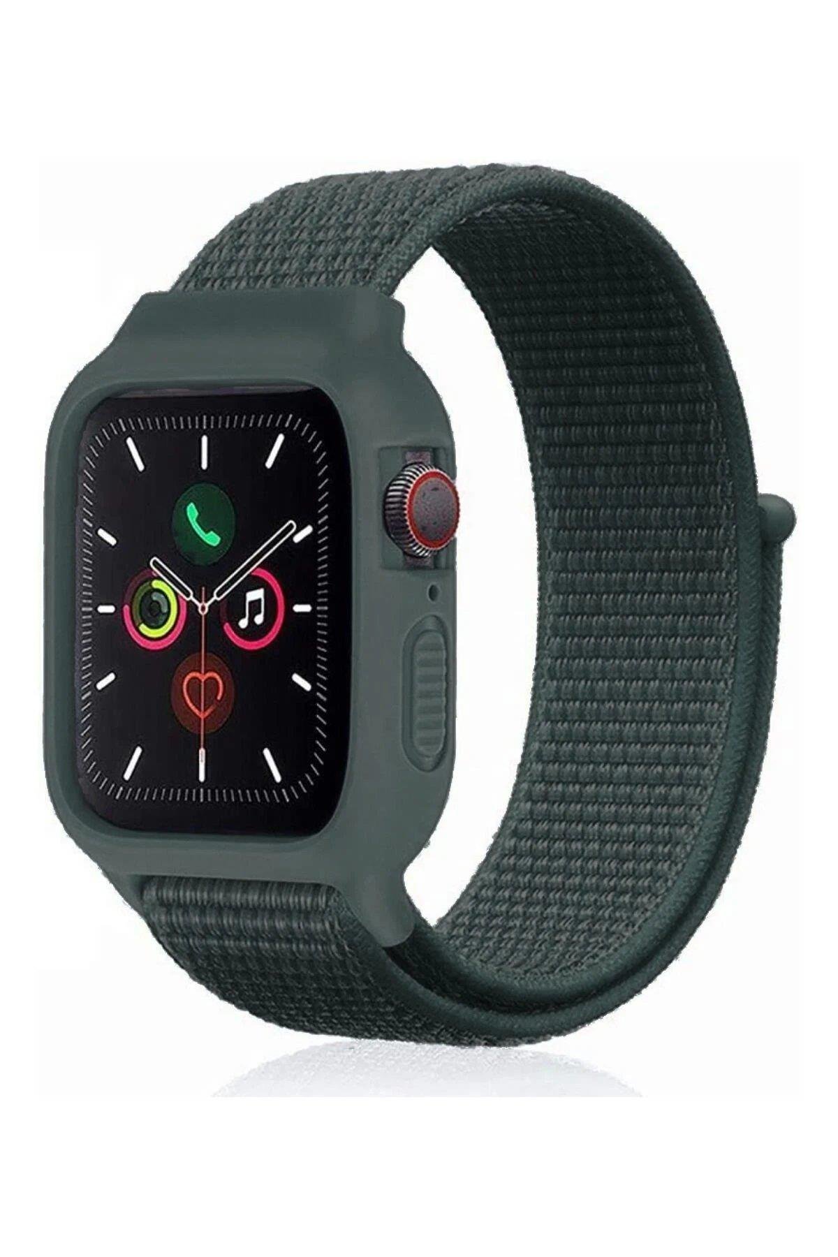 Newface Apple Watch 38mm Hasırlı Cırtcırtlı Kasalı Kordon - Haki Yeşil