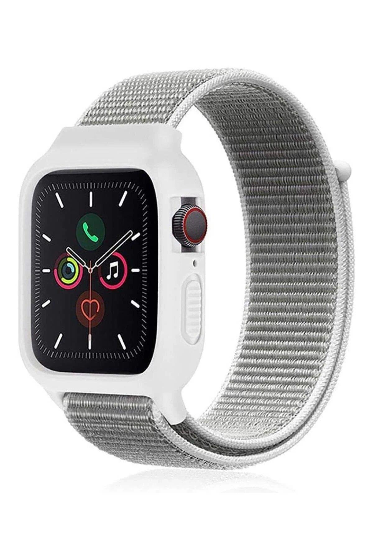 Newface Apple Watch 38mm Hasırlı Cırtcırtlı Kasalı Kordon - Beyaz