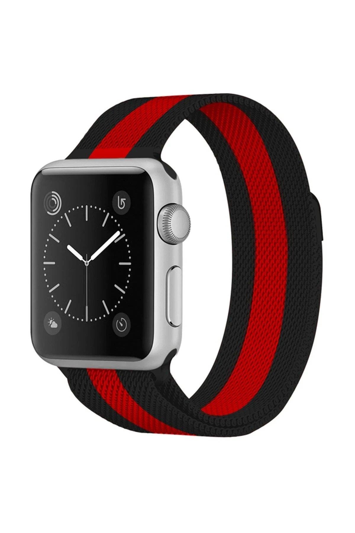 Newface Apple Watch 38mm Metal Mıknatıslı Kordon - Siyah-Kırmızı