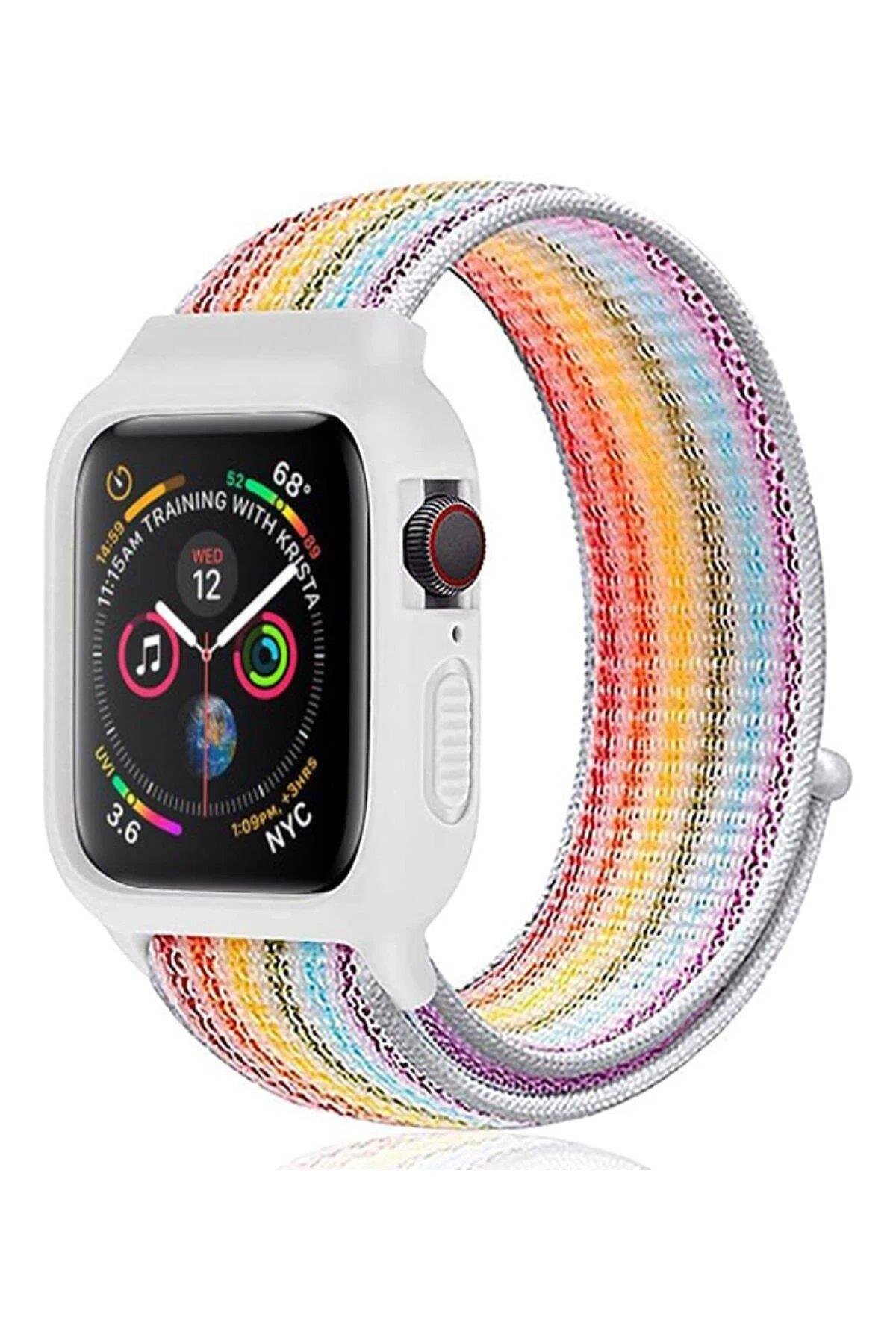 Newface Apple Watch 42mm Hasırlı Cırtcırtlı Kasalı Kordon - Mavi