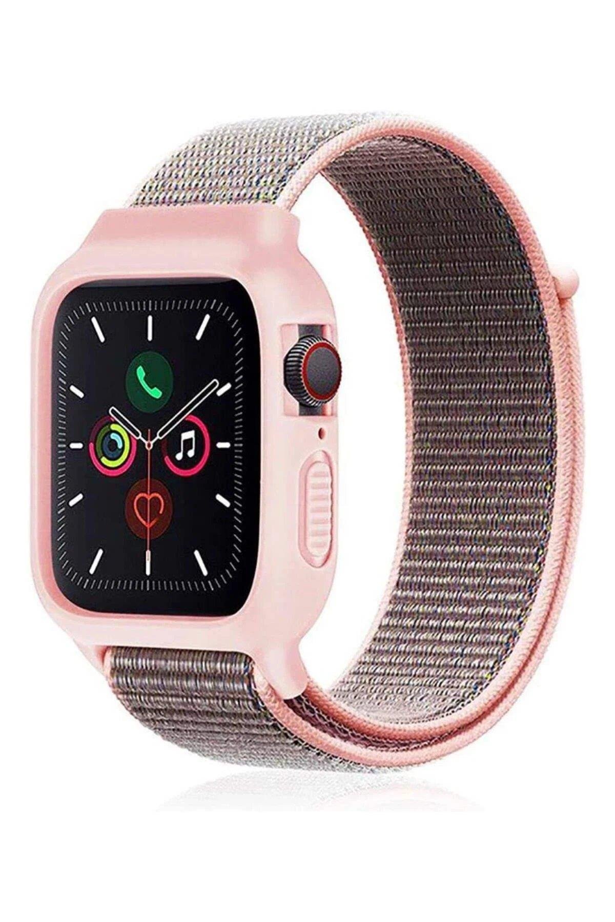 Newface Apple Watch 42mm Hasırlı Cırtcırtlı Kasalı Kordon - Pembe