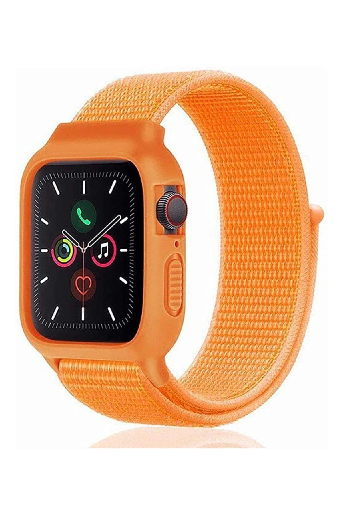 Newface Apple Watch 42mm Hasırlı Cırtcırtlı Kasalı Kordon - Turuncu