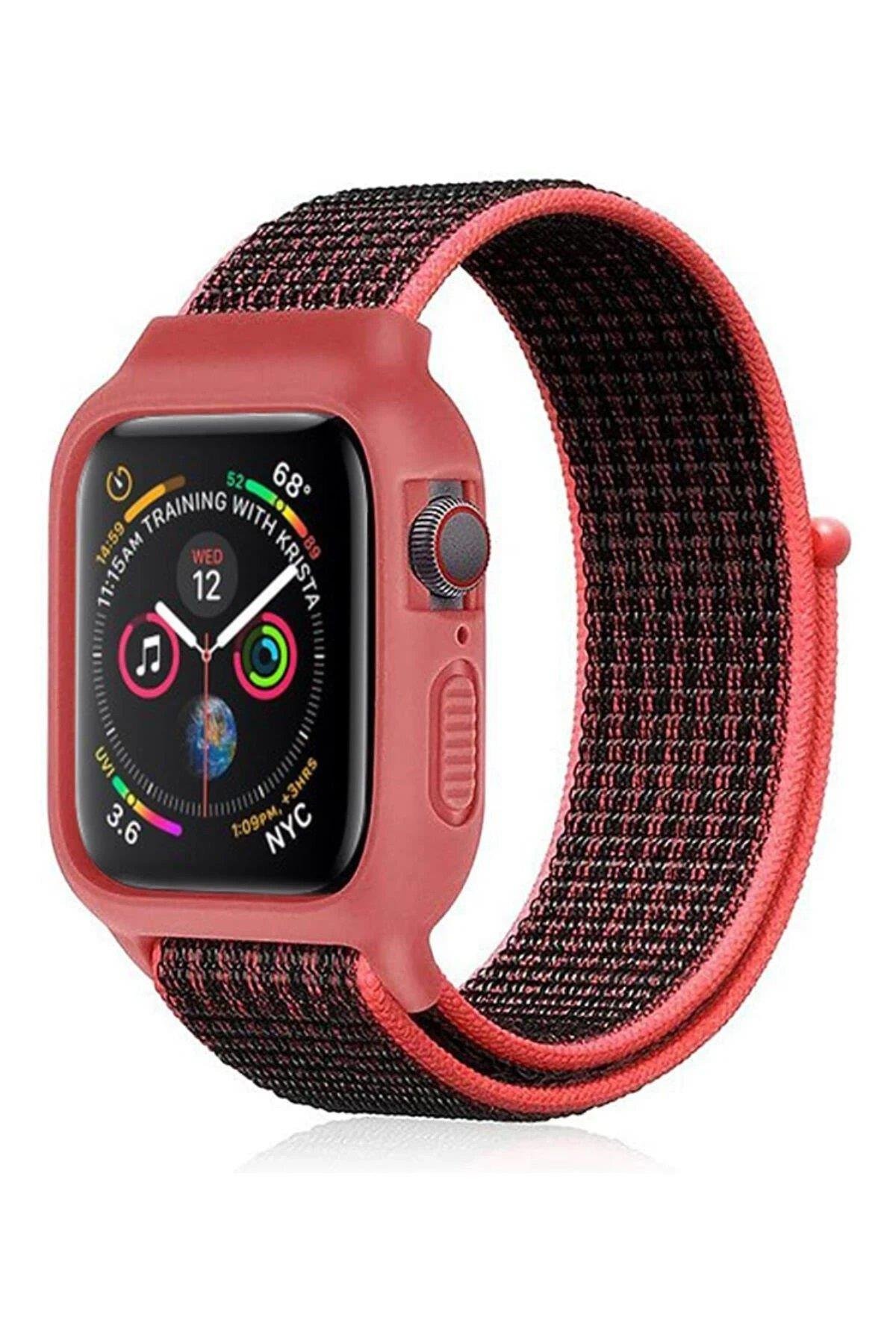 Newface Apple Watch 42mm Hasırlı Cırtcırtlı Kasalı Kordon - Siyah-Pembe