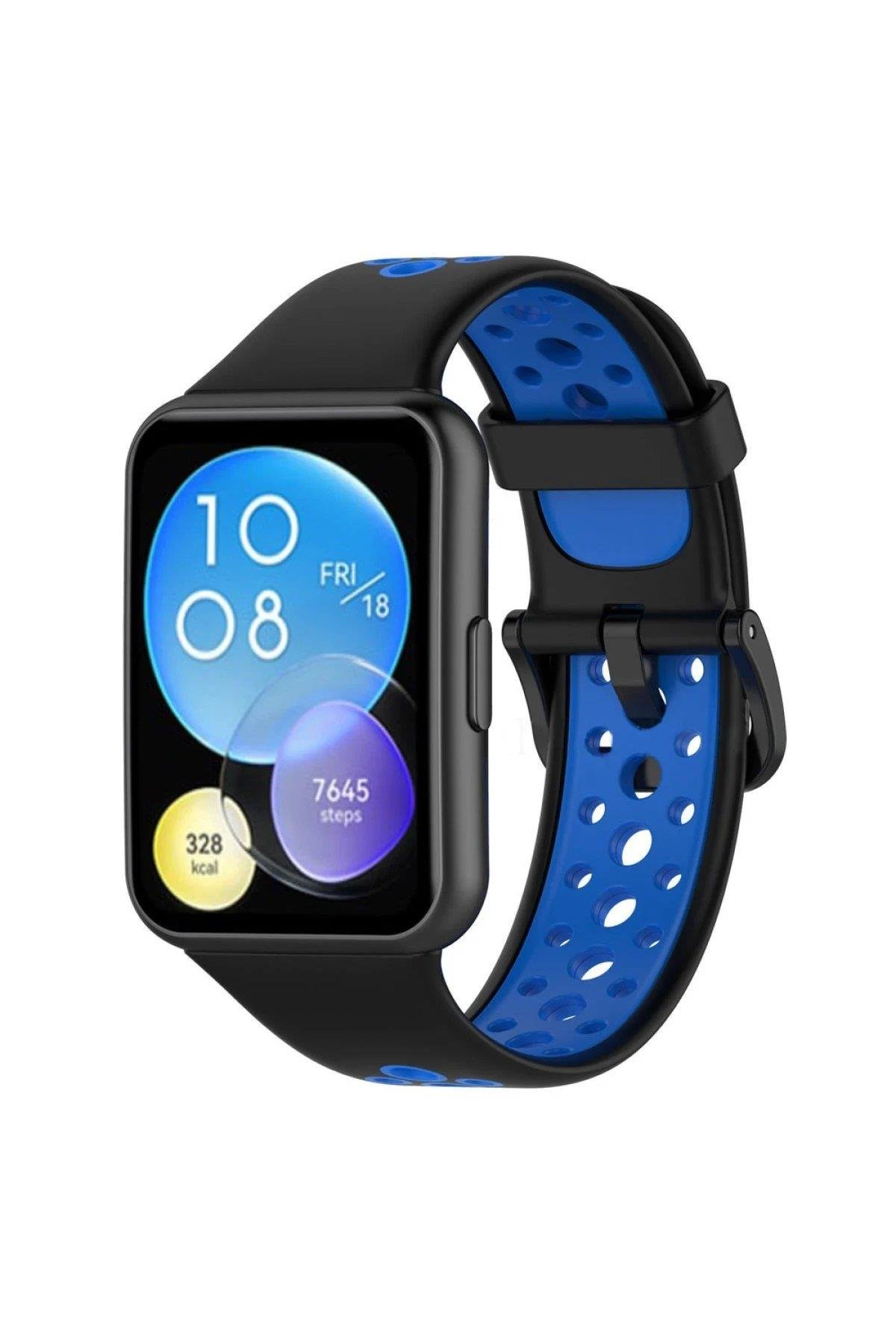 Newface Huawei Watch Fit 2 Spor Delikli Kordon - Siyah-Mavi