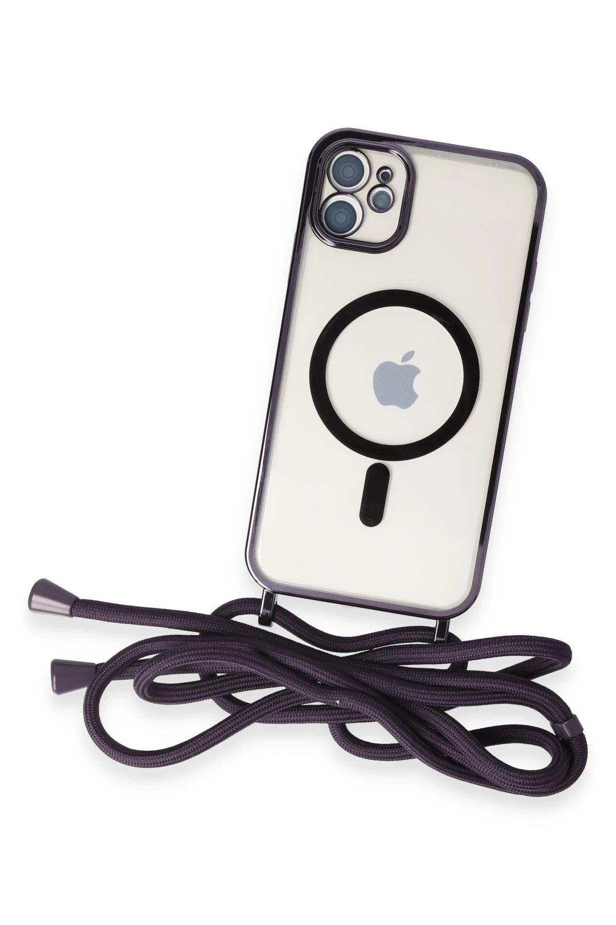 Newface iPhone 12 Kılıf Divo Lazer Askılı Magsafe Kapak - Derin Mor