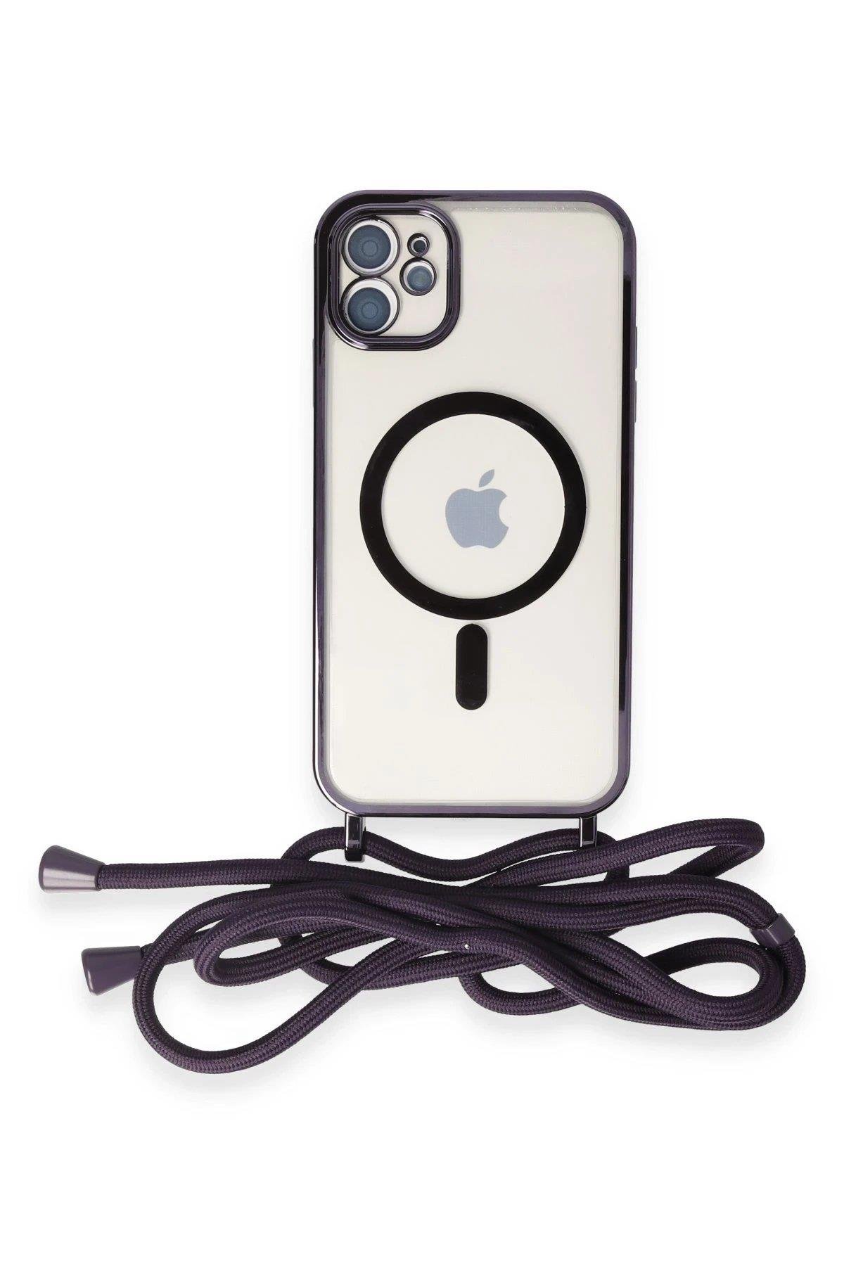 Newface iPhone 12 Kılıf Divo Lazer Askılı Magsafe Kapak - Derin Mor