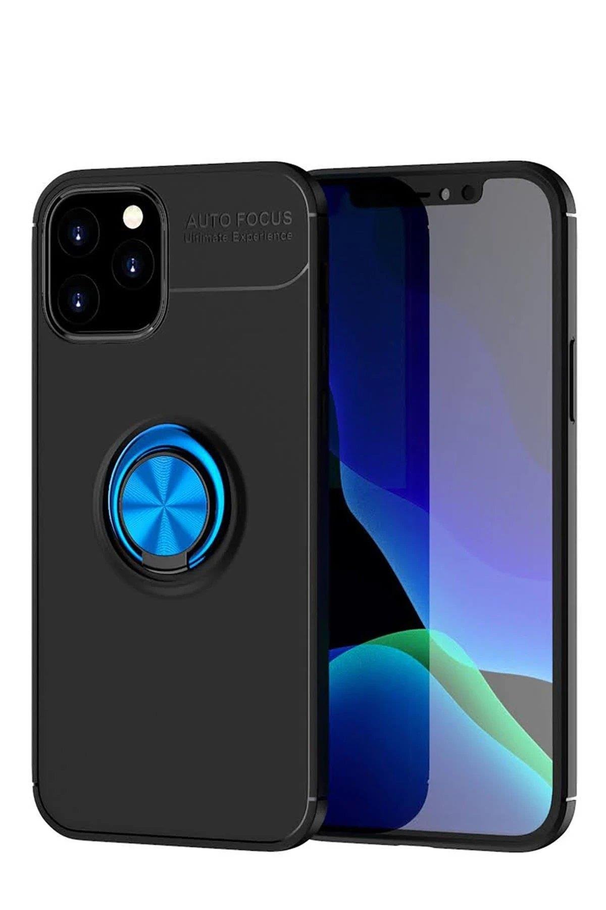 Newface iPhone 12 Kılıf Range Yüzüklü Silikon - Siyah-Mavi