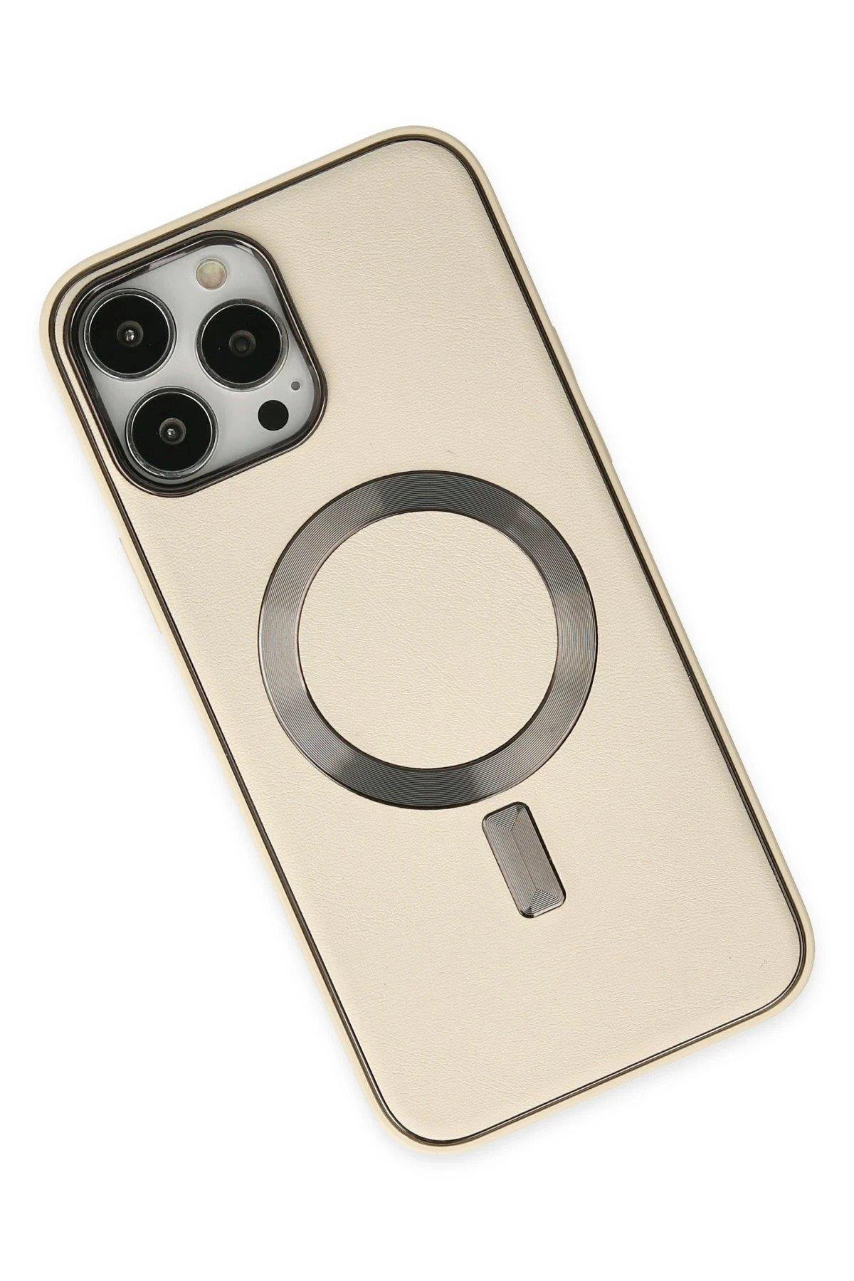Newface iPhone 13 Pro Kılıf Coco Deri Magneticsafe Silikon - Krem