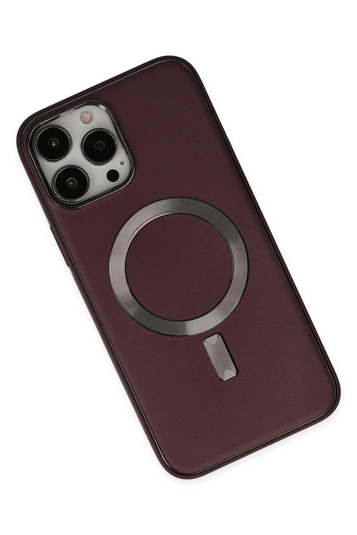 Newface iPhone 13 Pro Kılıf Coco Deri Magneticsafe Silikon - Bordo