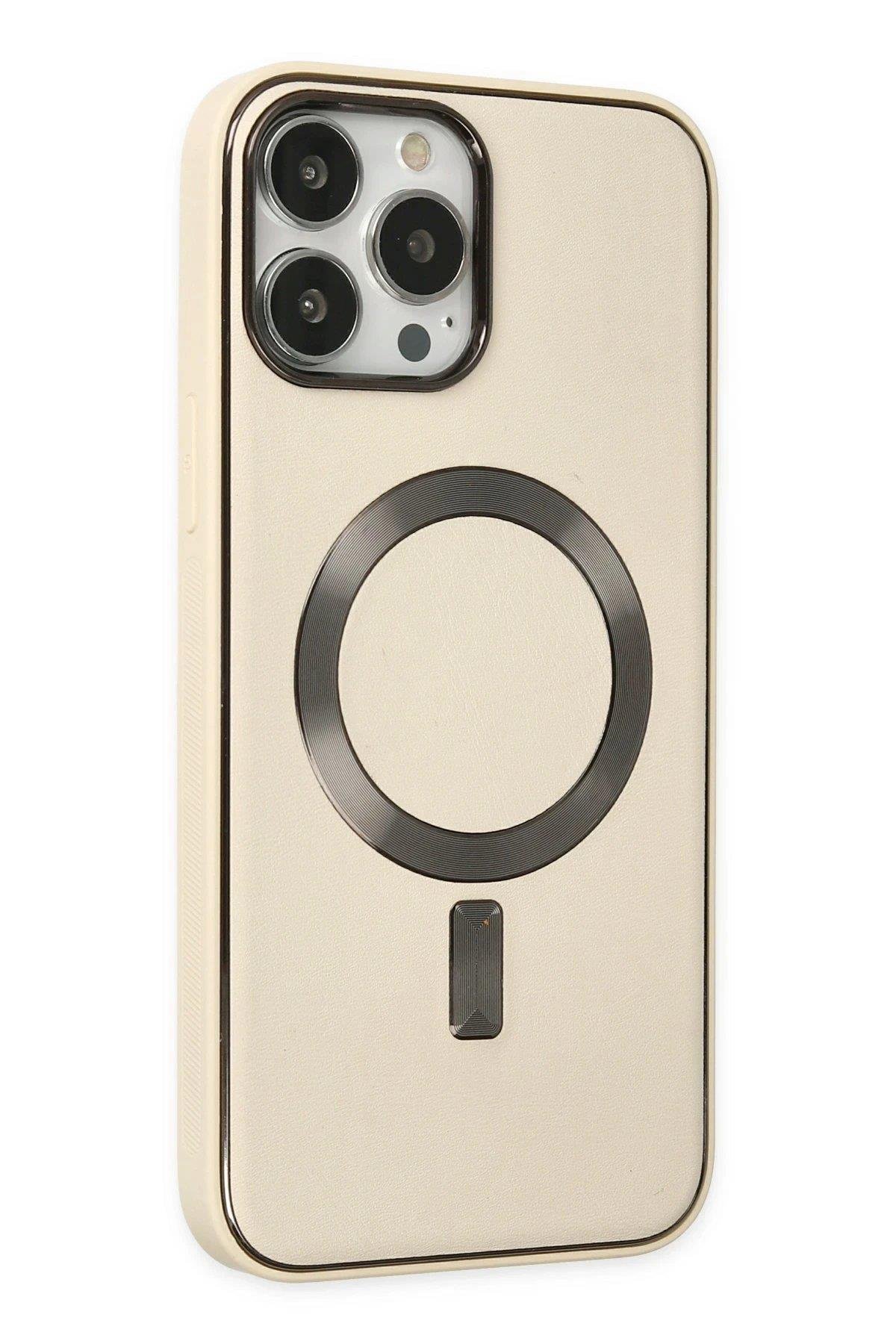Newface iPhone 13 Pro Kılıf Coco Deri Magneticsafe Silikon - Krem
