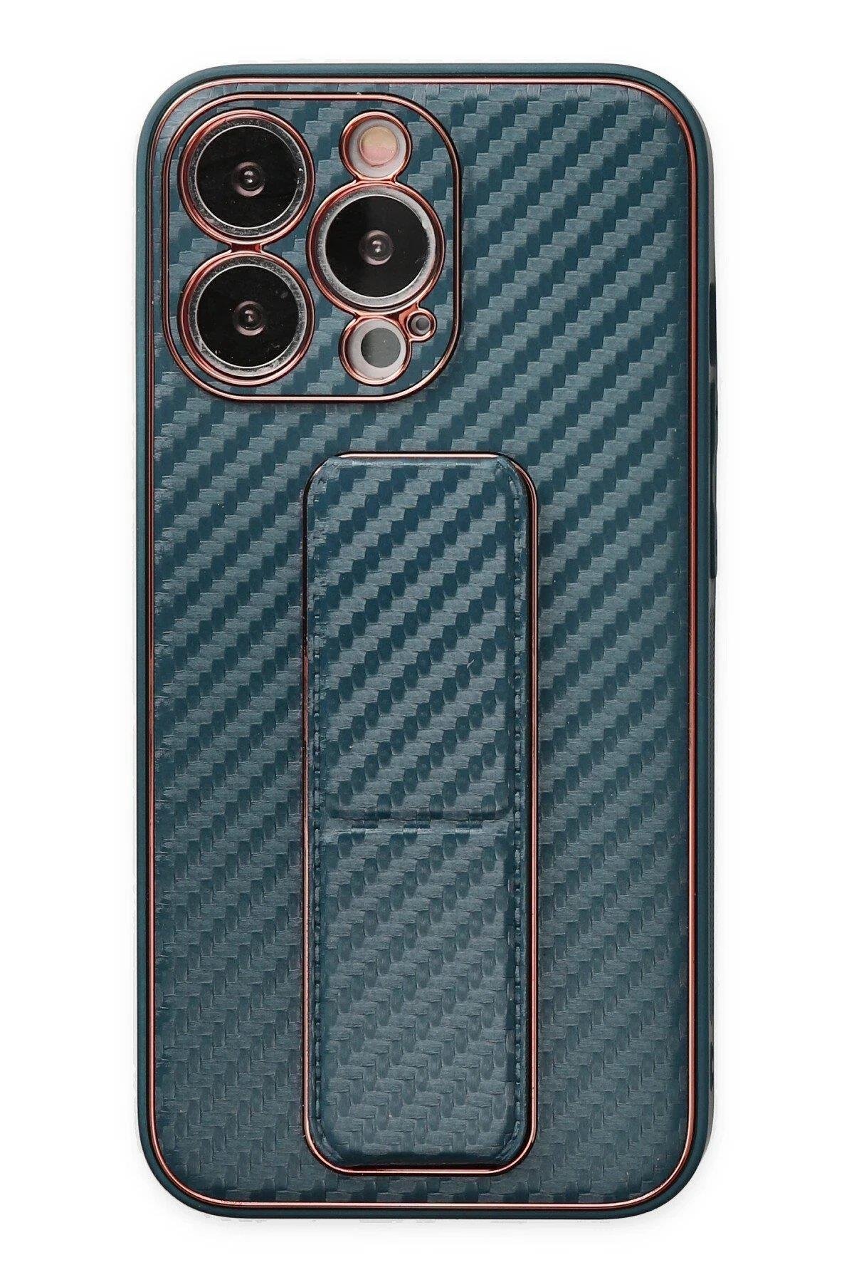 Newface iPhone 13 Pro Kılıf Coco Karbon Standlı Kapak - Lacivert