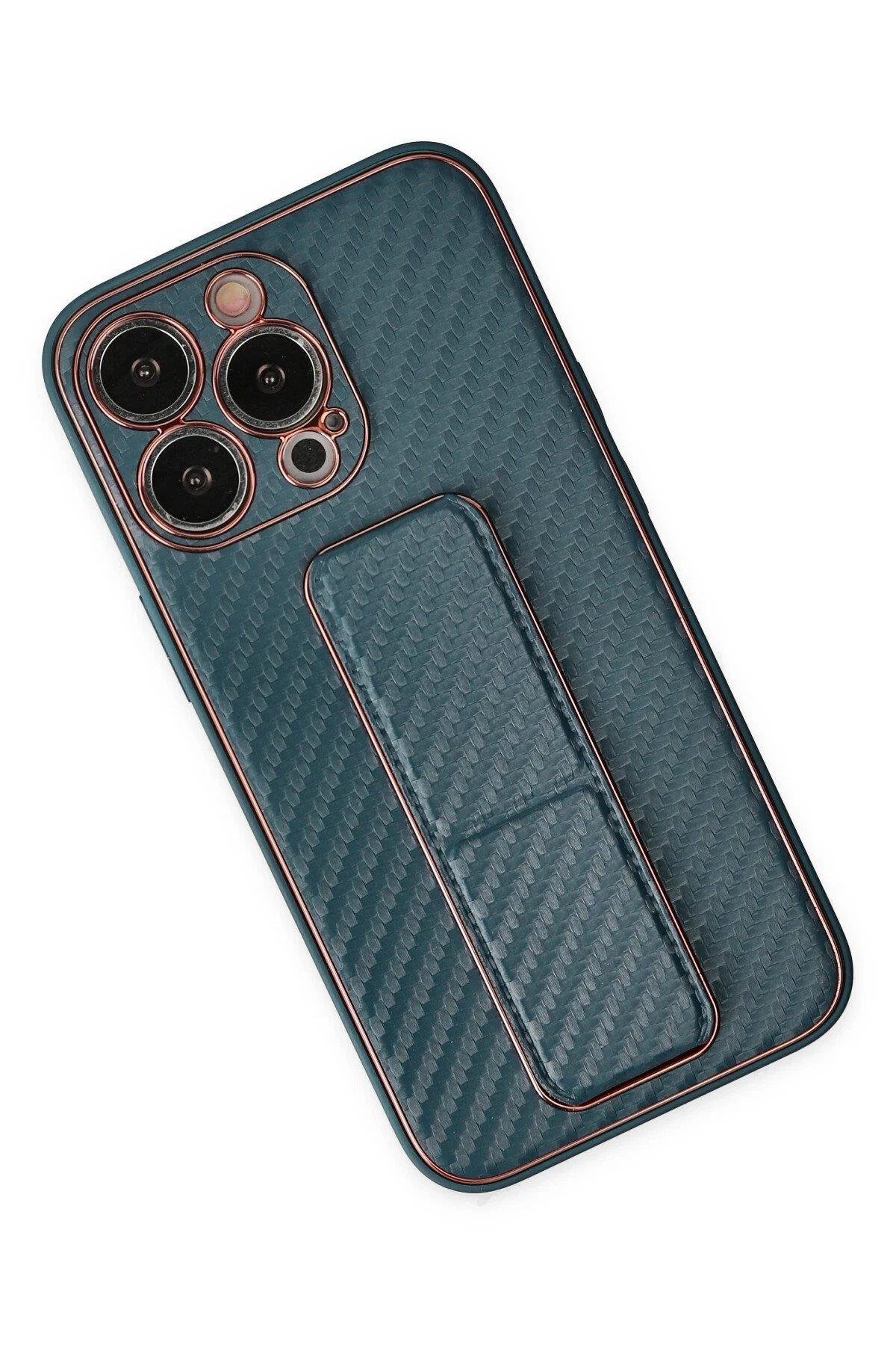 Newface iPhone 13 Pro Kılıf Coco Karbon Standlı Kapak - Lacivert