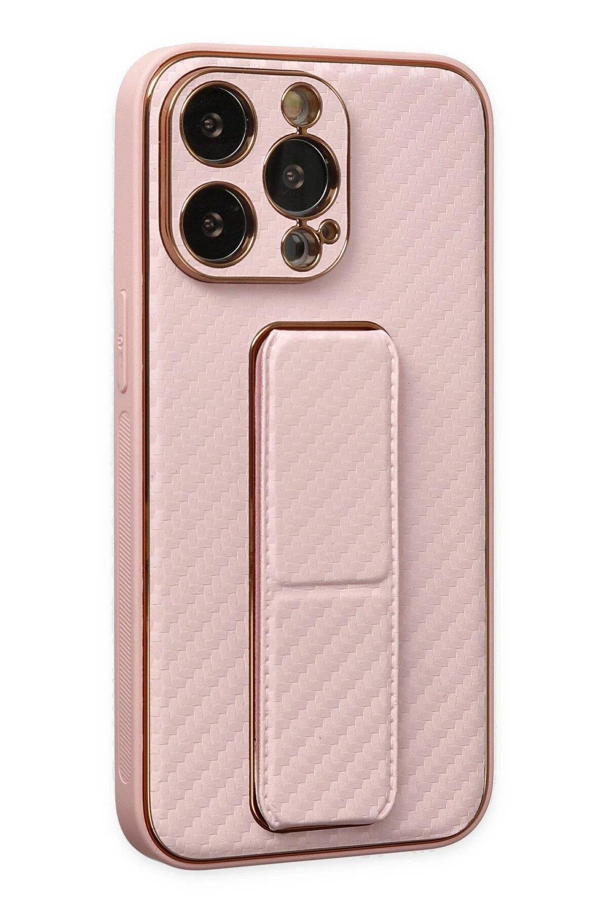 Newface iPhone 13 Pro Kılıf Coco Karbon Standlı Kapak - Pembe