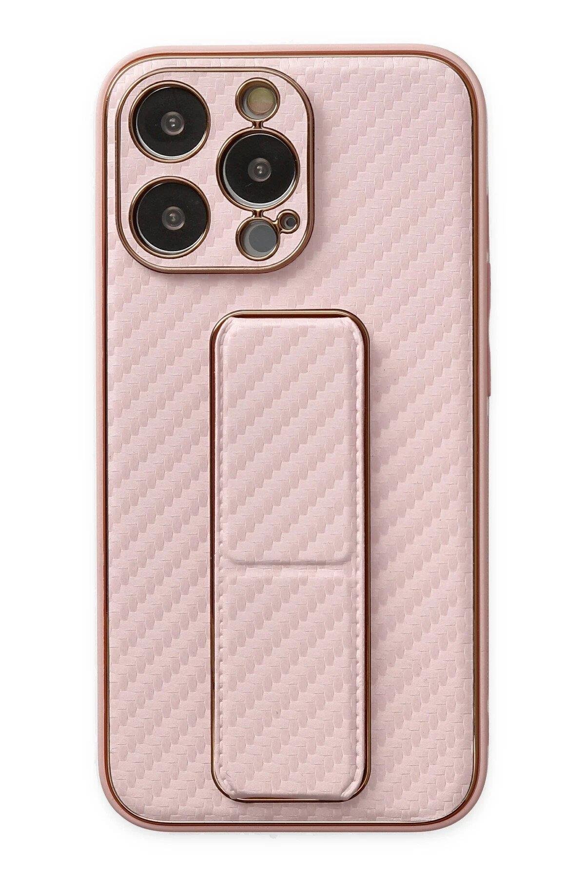 Newface iPhone 13 Pro Kılıf Coco Karbon Standlı Kapak - Pembe