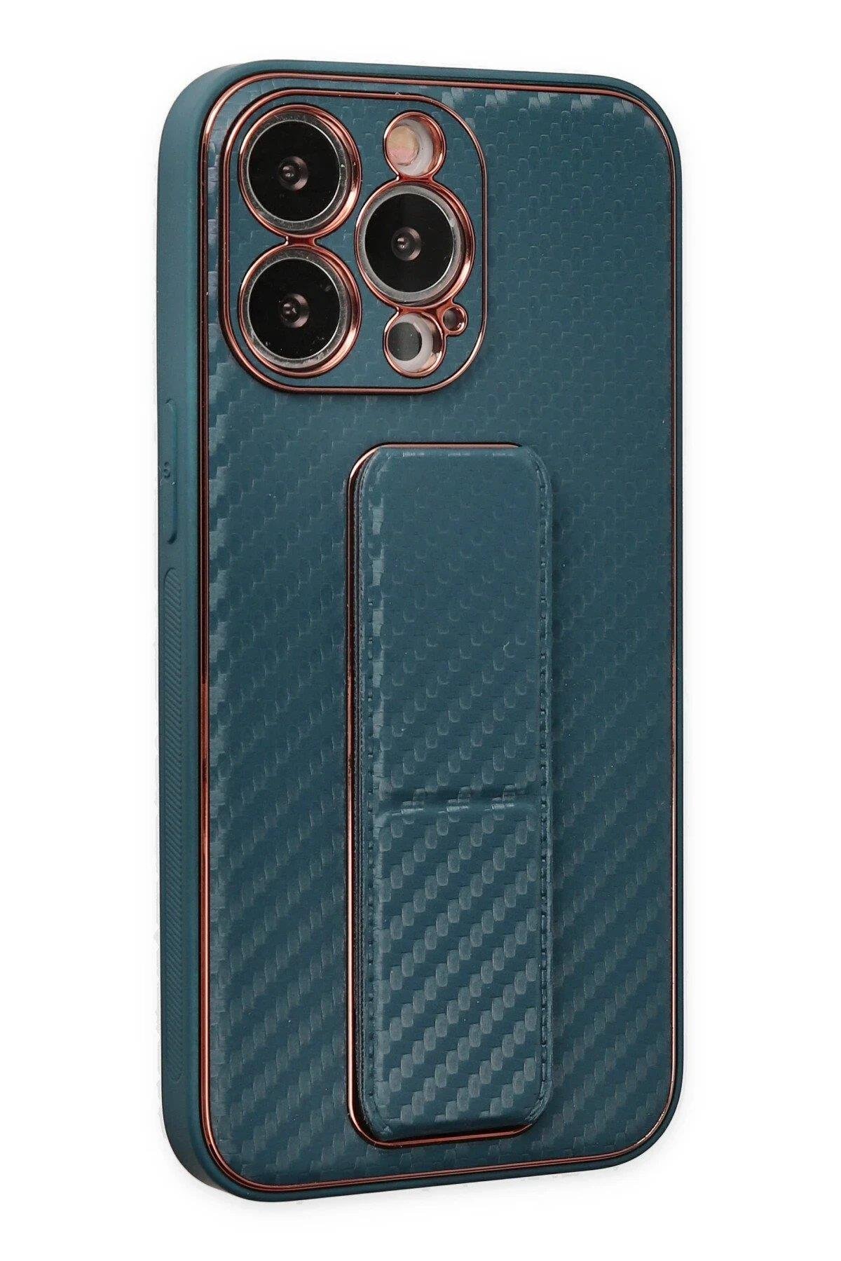 Newface iPhone 13 Pro Kılıf Coco Karbon Standlı Kapak - Lacivert