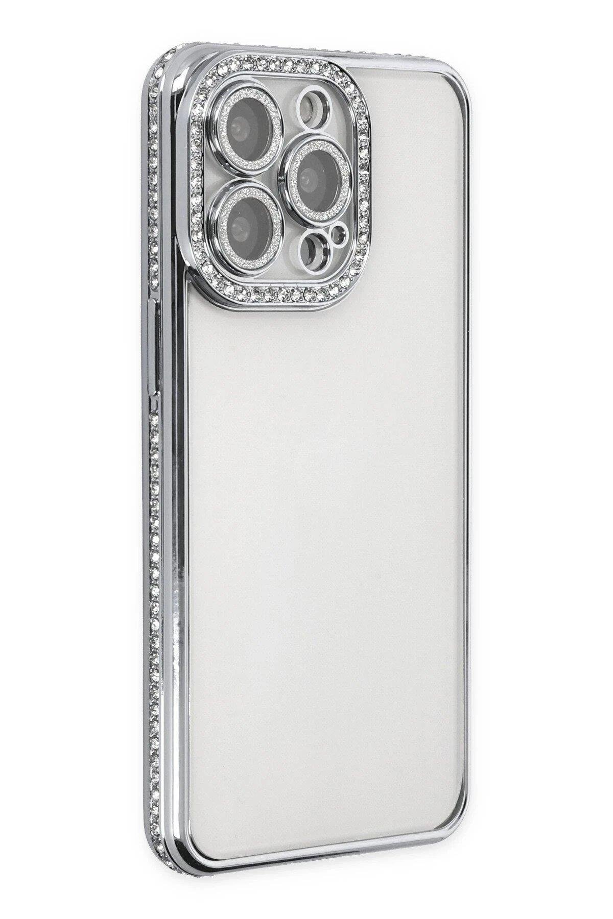 Newface iPhone 13 Pro Kılıf Joke Taşlı Silikon - Gümüş