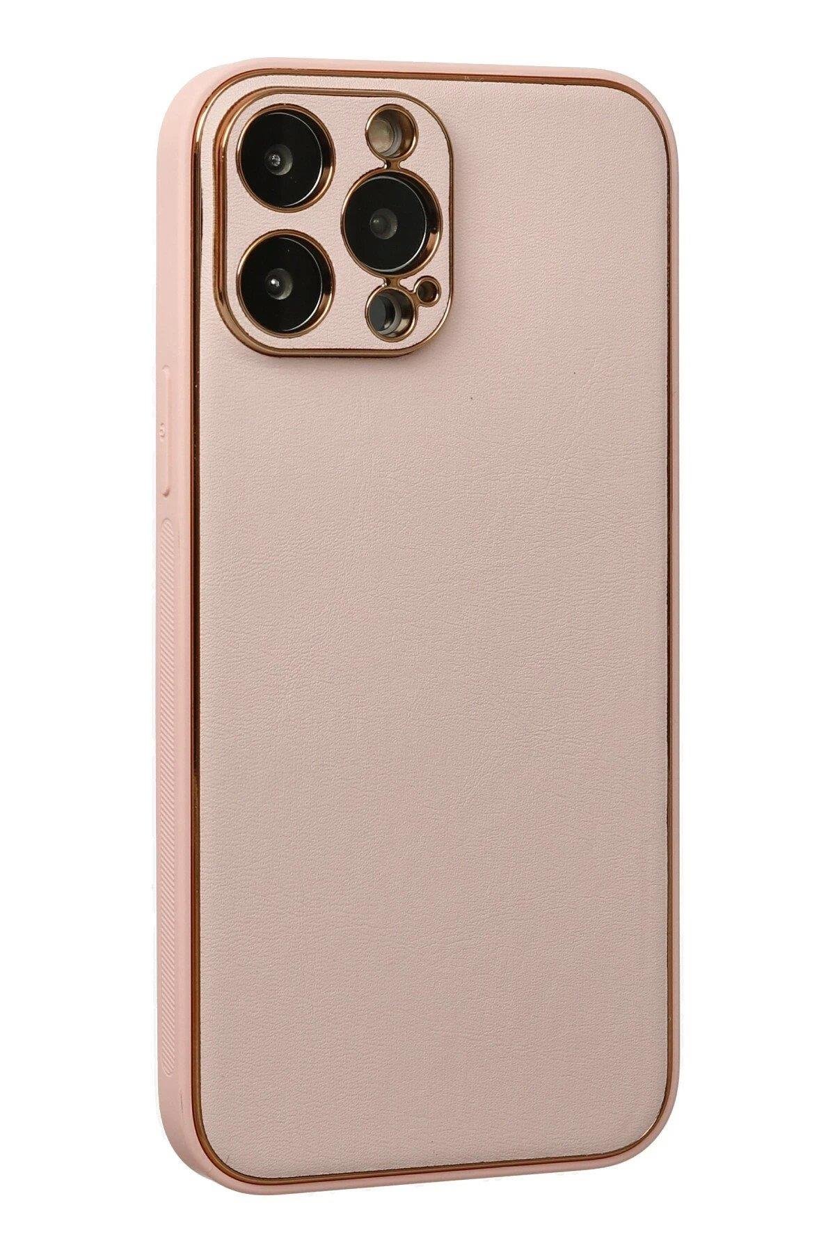 Newface iPhone 13 Pro Max Kılıf Coco Deri Silikon Kapak - Pudra