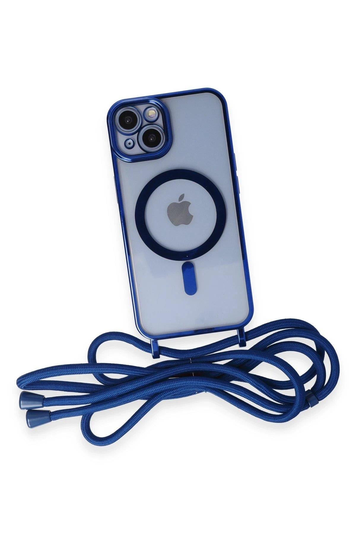 Newface iPhone 14 Kılıf Divo Lazer Askılı Magsafe Kapak - Mavi