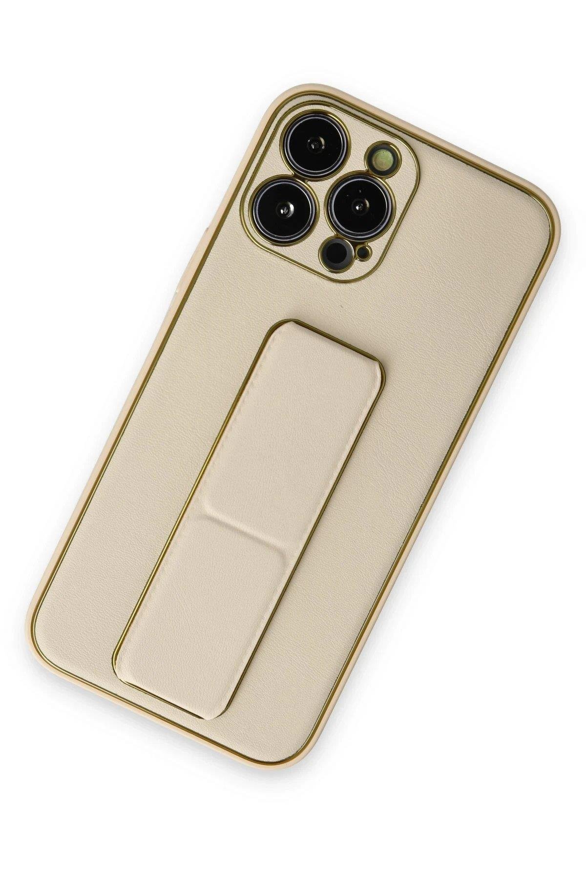 Newface iPhone 14 Pro Kılıf Coco Deri Standlı Kapak - Gold