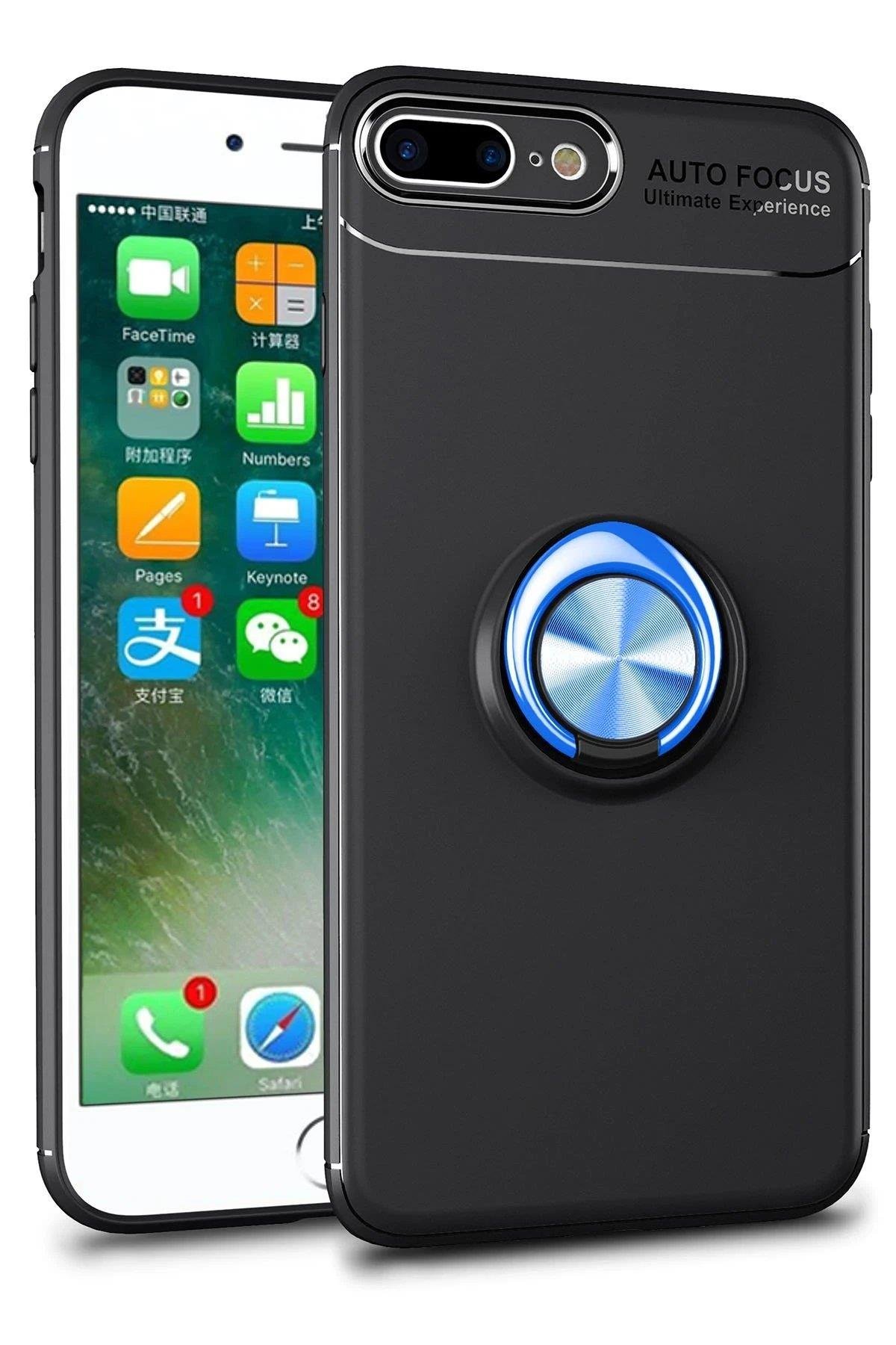 Newface iPhone 7 Plus Kılıf Range Yüzüklü Silikon - Siyah-Mavi