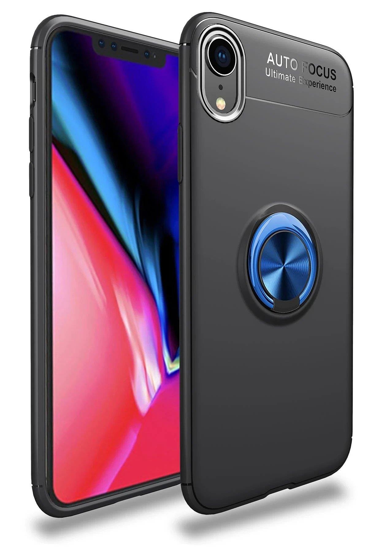 Newface iPhone XR Kılıf Range Yüzüklü Silikon - Siyah-Mavi