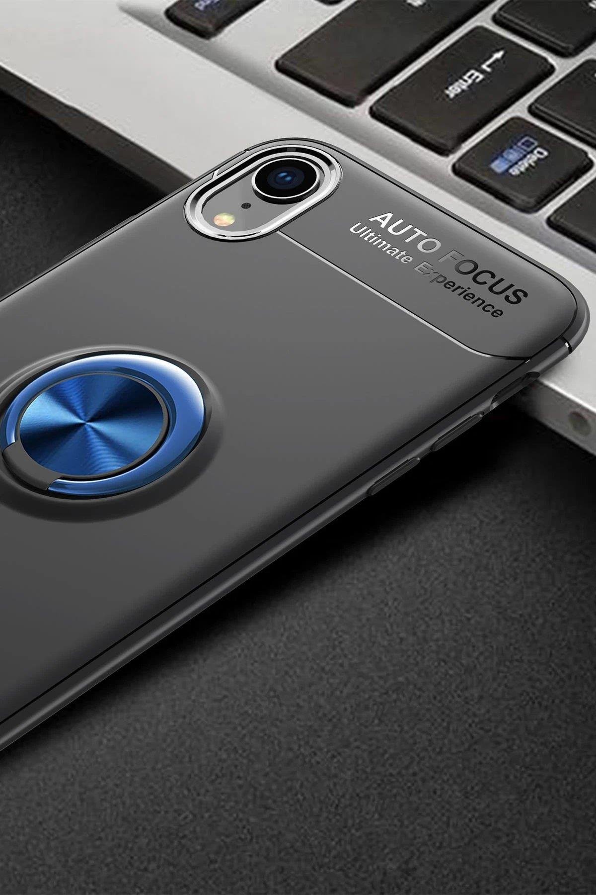 Newface iPhone XR Kılıf Range Yüzüklü Silikon - Siyah-Mavi