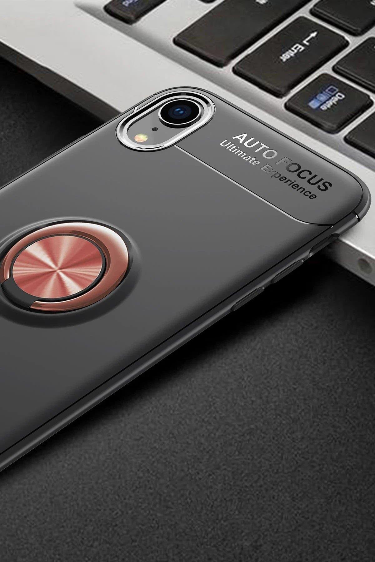 Newface iPhone XR Kılıf Range Yüzüklü Silikon - Siyah-Gold