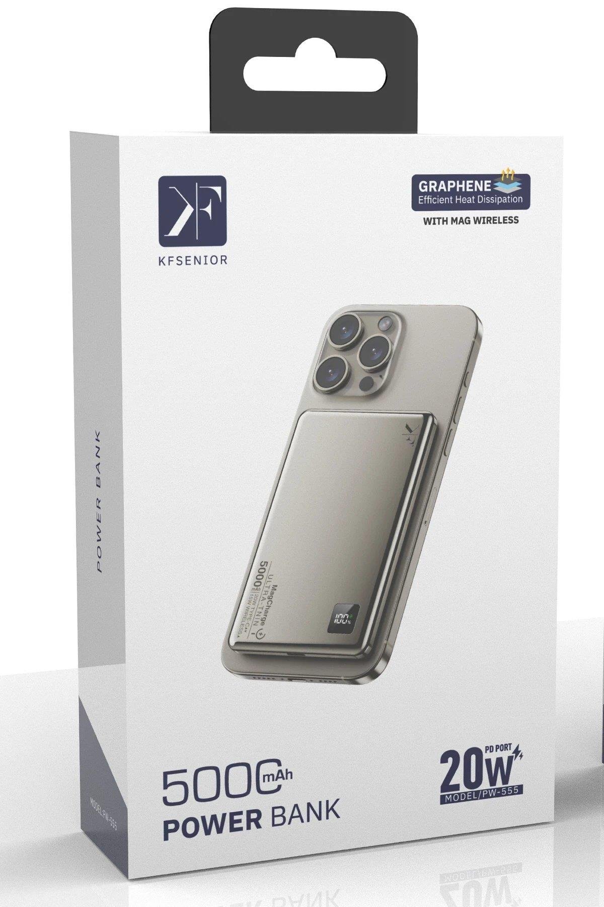 Newface PW555 5.000 mAh Dijital Göstergeli 18W Type-C ve 15W Kablosuz Şarj PD Hızlı Şarj Magsafe Powerbank - Titanyum