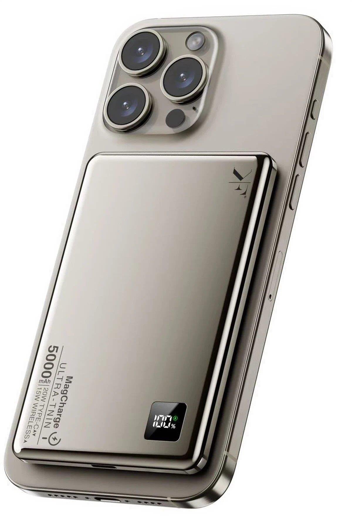 Newface PW555 5.000 mAh Dijital Göstergeli 18W Type-C ve 15W Kablosuz Şarj PD Hızlı Şarj Magsafe Powerbank - Titanyum