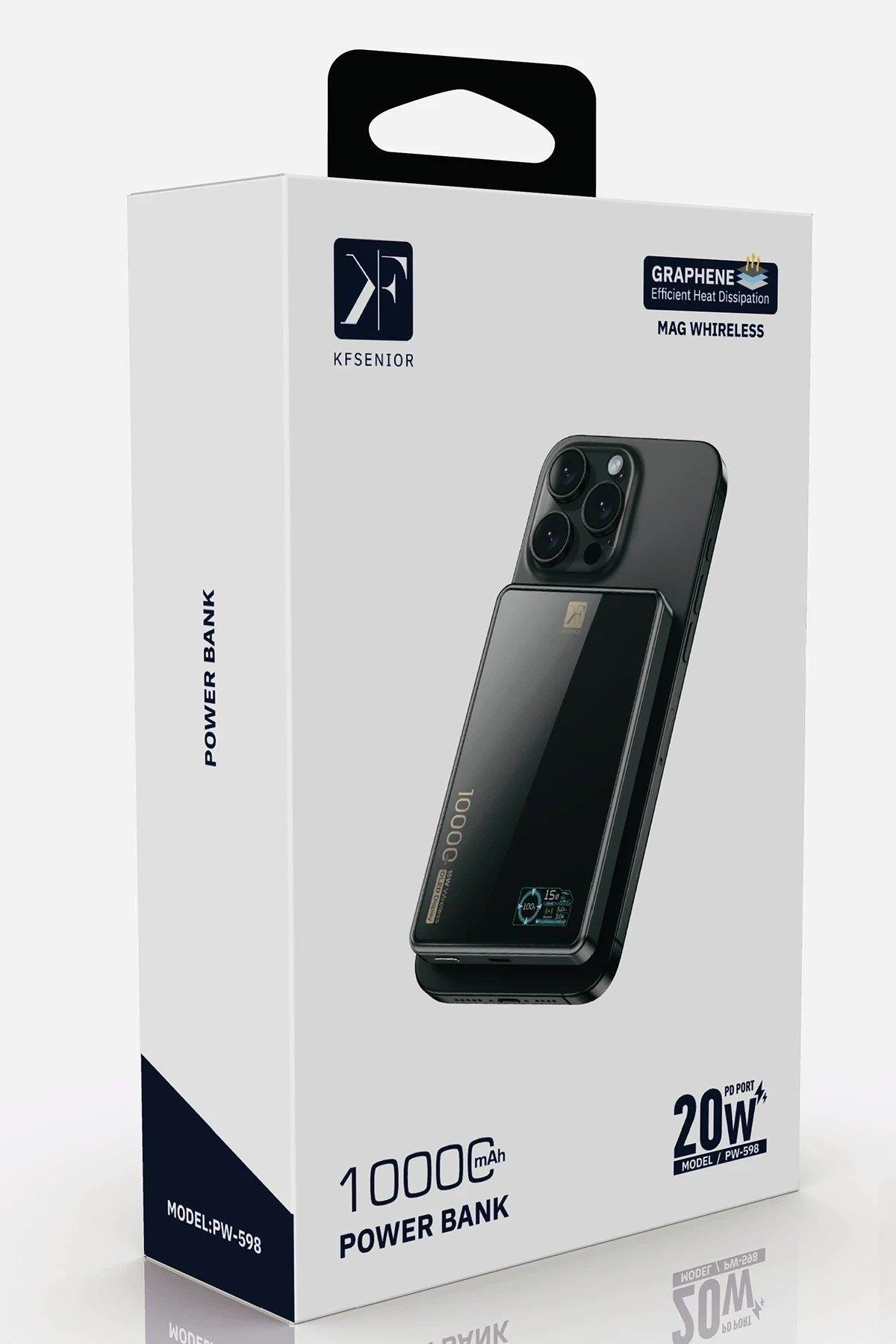 Newface PW598 10.000 mAh Dijital Göstergeli 20W Type-C ve 15W Kablosuz Şarj PD Hızlı Şarj Magsafe Powerbank - Siyah