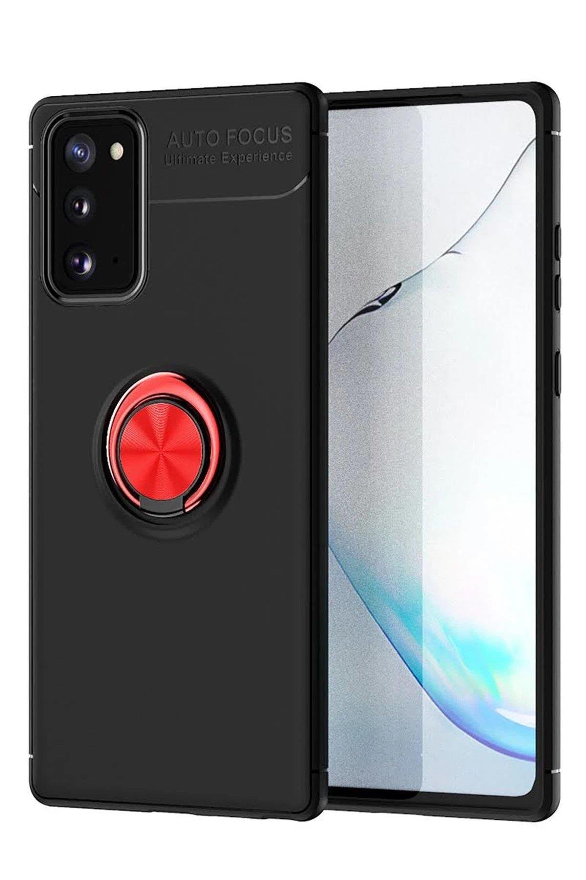 Newface Samsung Galaxy Note 20 Kılıf Range Yüzüklü Silikon - Siyah-Kırmızı