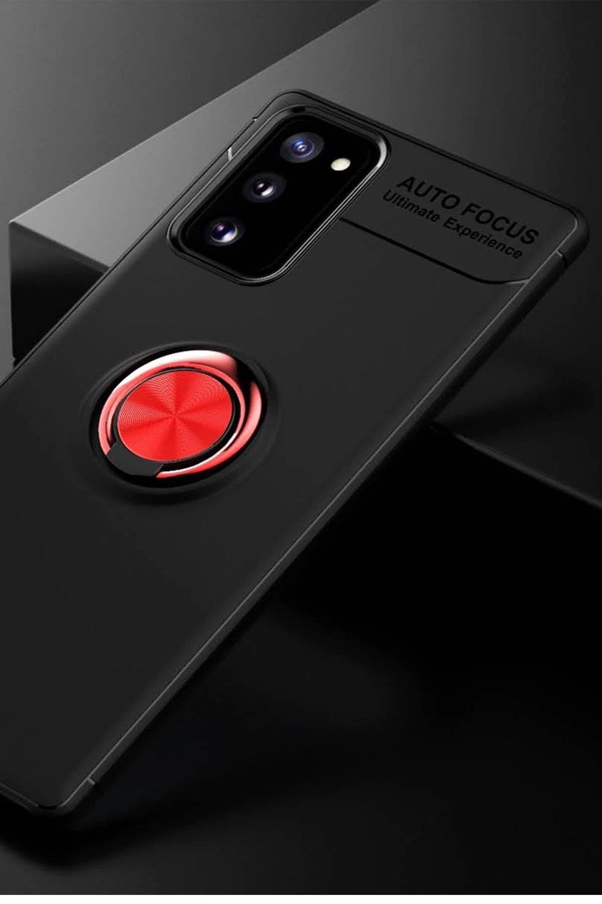 Newface Samsung Galaxy Note 20 Kılıf Range Yüzüklü Silikon - Siyah-Kırmızı