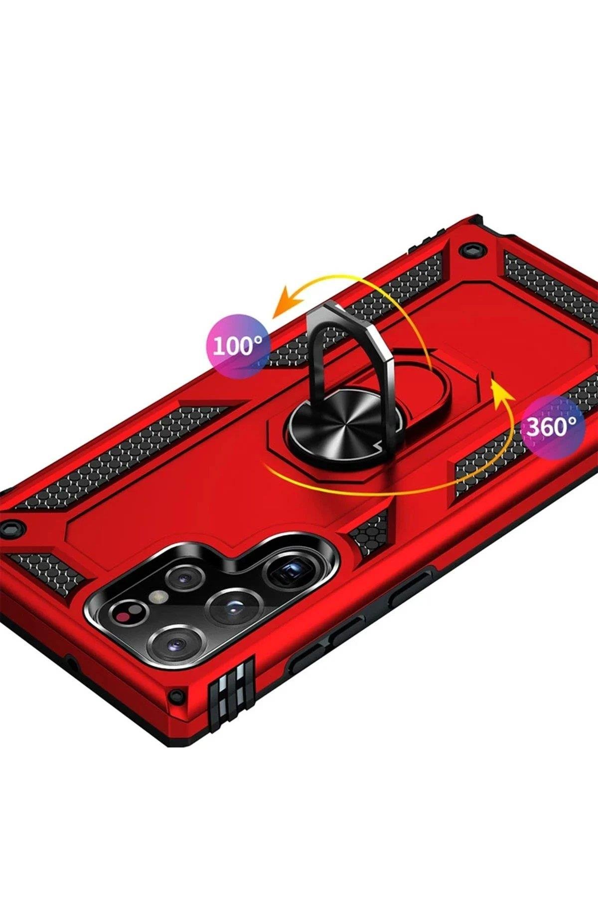 Newface Samsung Galaxy S22 Ultra Kılıf Sofya Yüzüklü Silikon Kapak - Kırmızı