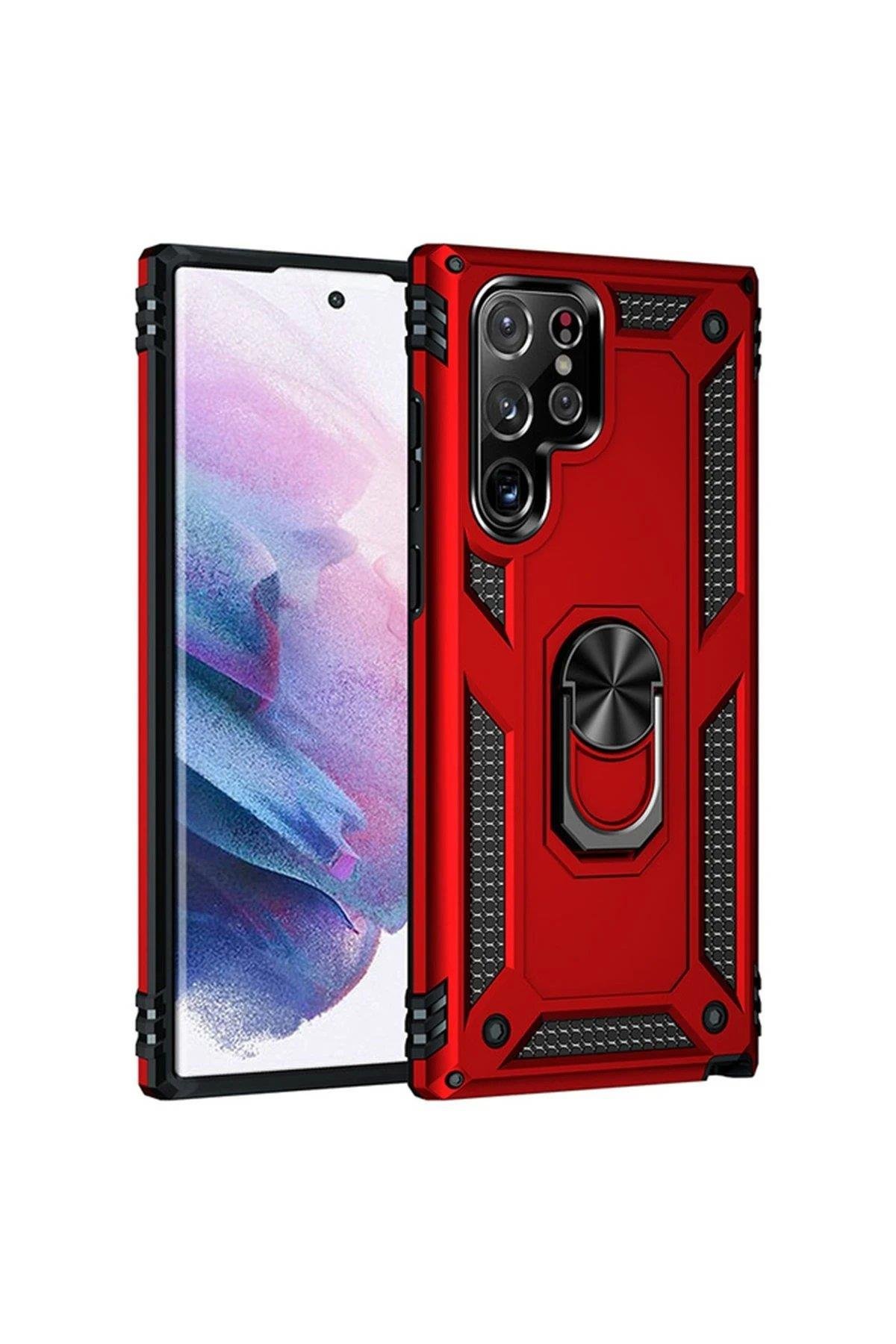 Newface Samsung Galaxy S22 Ultra Kılıf Sofya Yüzüklü Silikon Kapak - Kırmızı