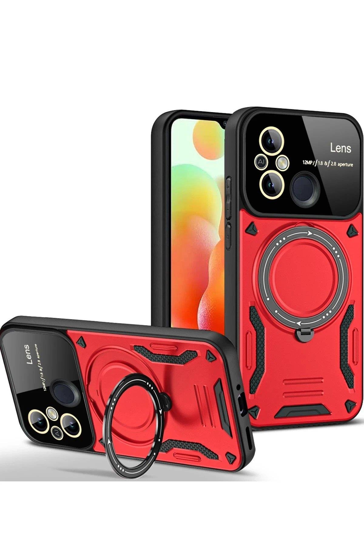 Newface Xiaomi Redmi 12C Kılıf Joy Lens Standlı Kapak - Kırmızı