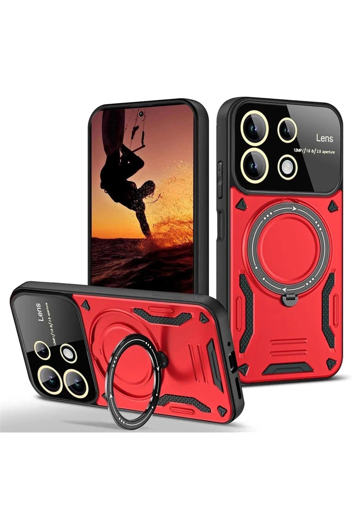 Newface Xiaomi Redmi 13 4G Kılıf Joy Lens Standlı Kapak - Kırmızı