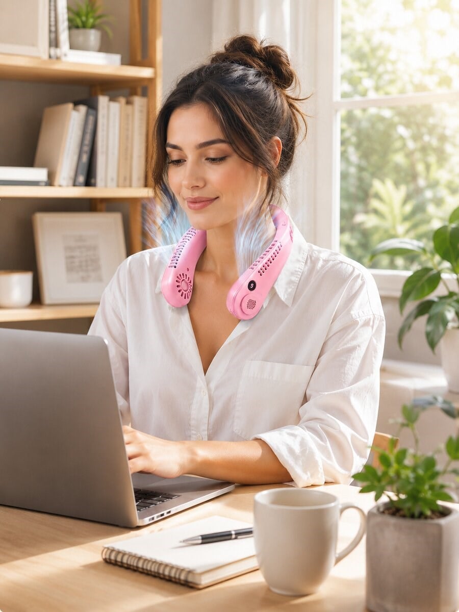 Pembe Boyun Fanı Sessiz Çalışan USB Şarjlı Taşınabilir Kişisel Serinletici