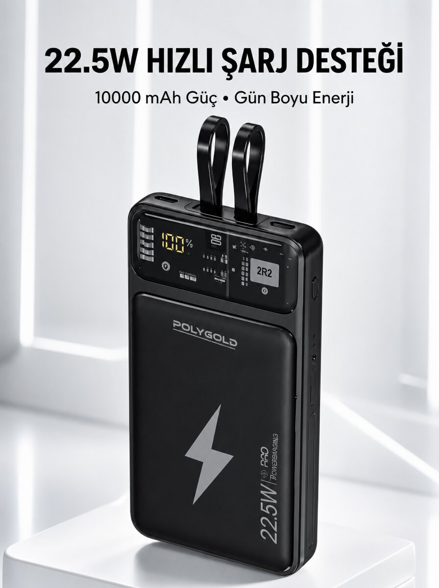 Powerbank Hızlı Şarj 10000 mAh Dahili Kablo Yeni Nesil