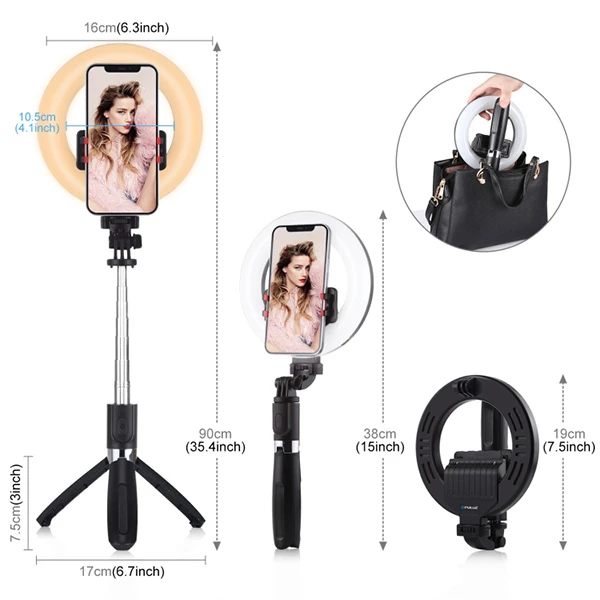 PULUZ 6.3 inch 16cm Ring LED Canlı Yayın Bluetooth Tripod Vlogging Selfie Light-(1903)
