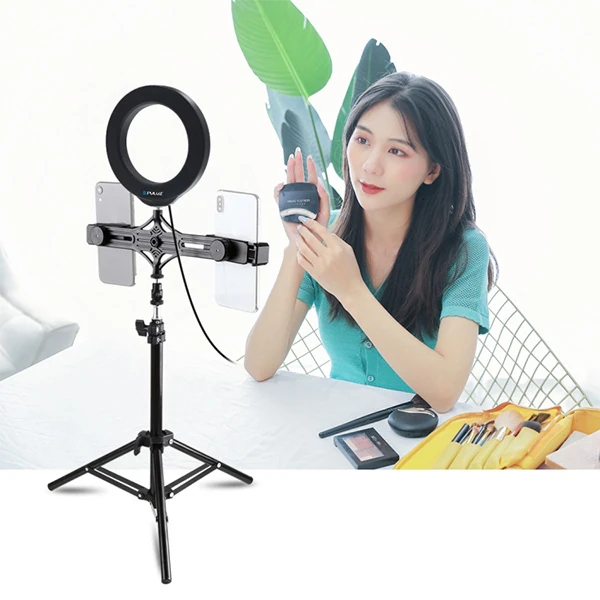 PULUZ 70CM Çift Telefon tutucu 6.2CM Led Işık Stand YoutuberCanlı Yayın Selfie TikTok Makeup-(1903)