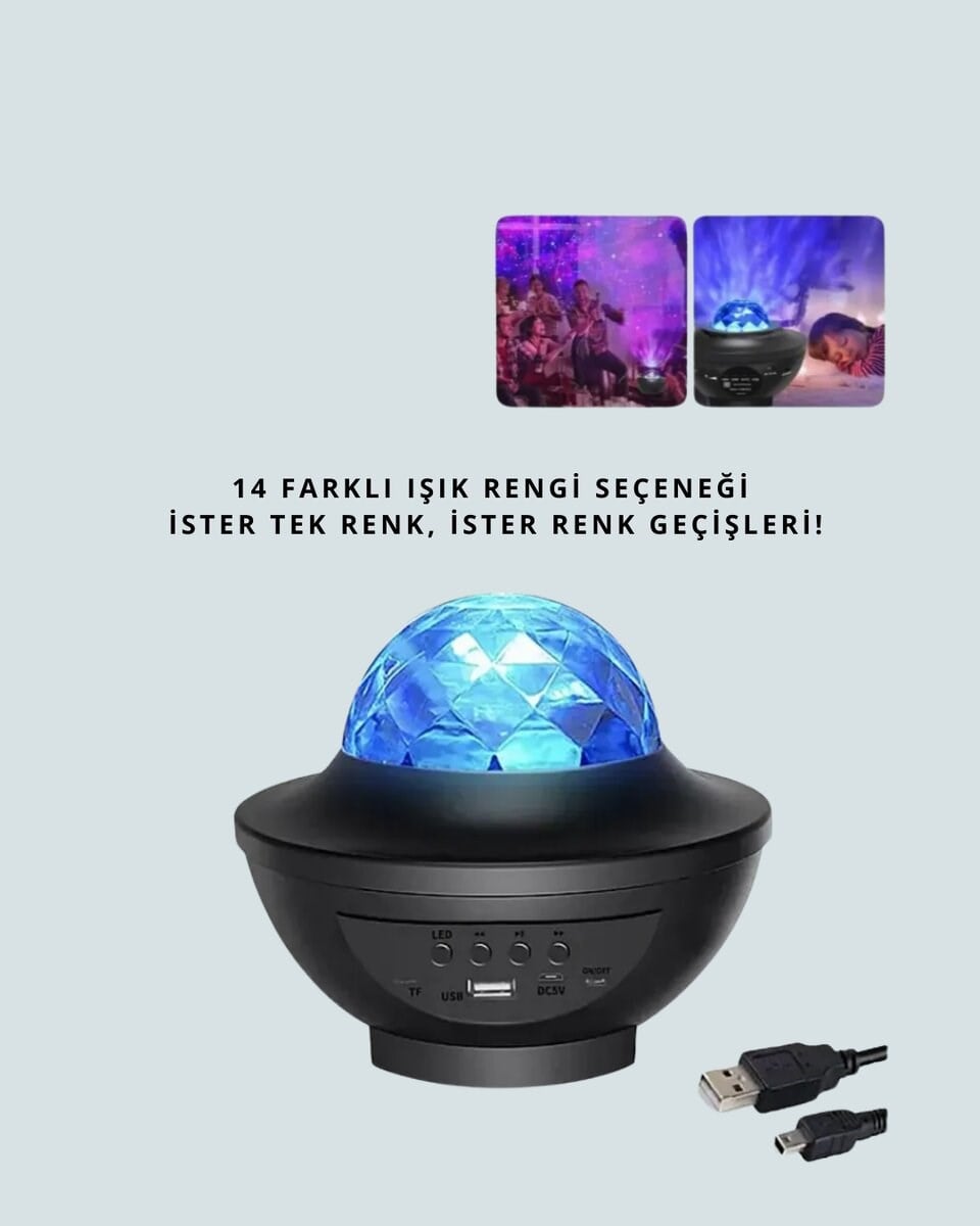 Sesle Etkileşimli Yıldız Projektörlü Gece Lambası – Bluetooth Hoparlörlü, USB Girişli, Dönen Okyanus