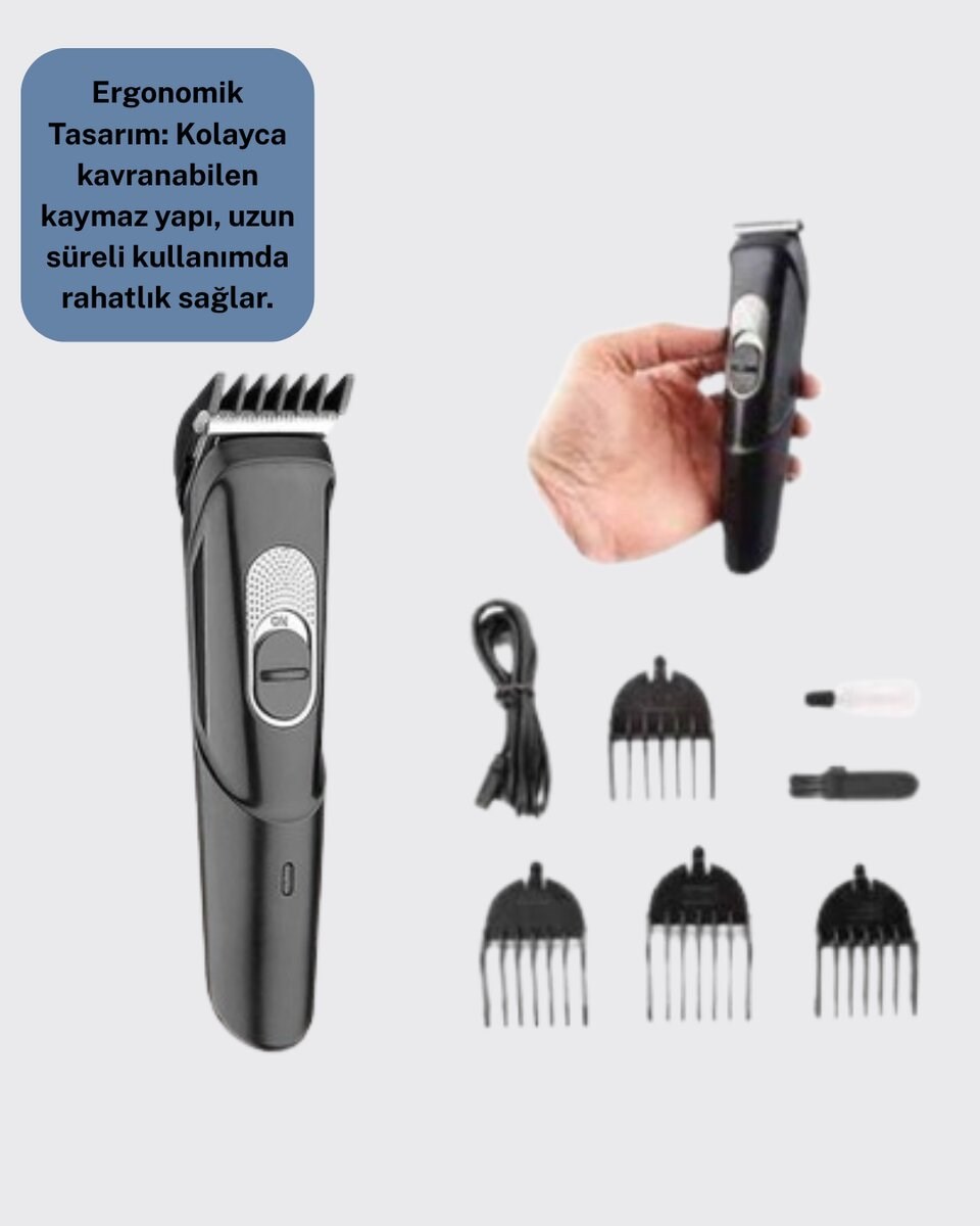 Sessiz Motorlu, Kablosuz Kullanımlı Şarjlı Saç ve Sakal Kesme Makinesi – Taraklı Set