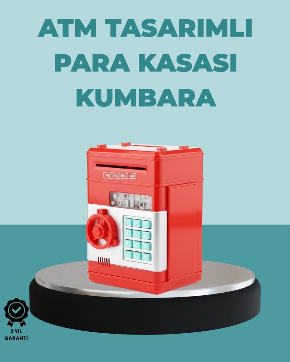 Şifreli Kırmızı ATM Tasarımlı Çelik Kasa Görünümlü Kumbara
