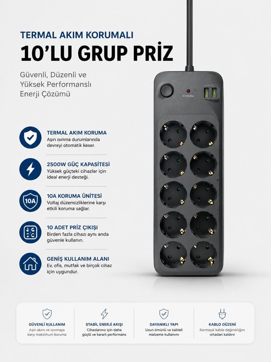 Termal Akım Korumalı USB Type-C Girişli 10'lu Grup Priz 2500W Güç Kapasitesi (Kopya)