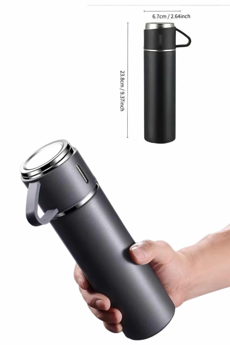 Termos Paslanmaz Çelik Termos Siyah Renk 3 Bardaklı Termos Seti