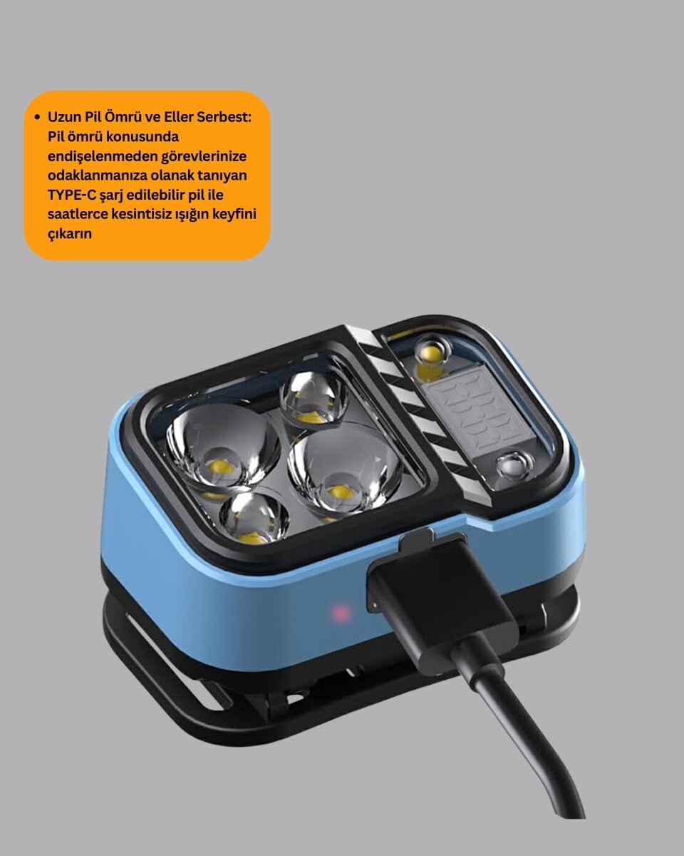 Üç Renkli LED Kafa Feneri 53 Mod Güç Göstergeli Type C Şarjlı