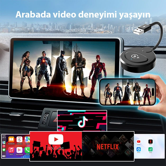 USB+Type-C Apple Kablosuz Wireless Carplay Adaptör Çevirici -Youtube Netflix Tiktok Video Yansıtıcı-(1903)