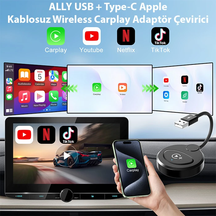 USB+Type-C Apple Kablosuz Wireless Carplay Adaptör Çevirici -Youtube Netflix Tiktok Video Yansıtıcı-(1903)
