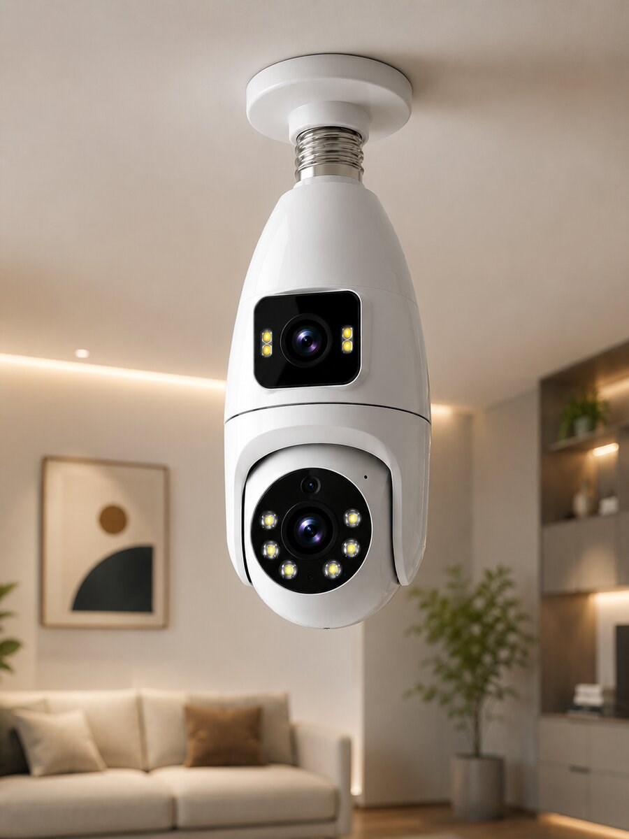 Wi-Fi Ampul Kamera Sistemi Gece Görüşlü Çift Lens