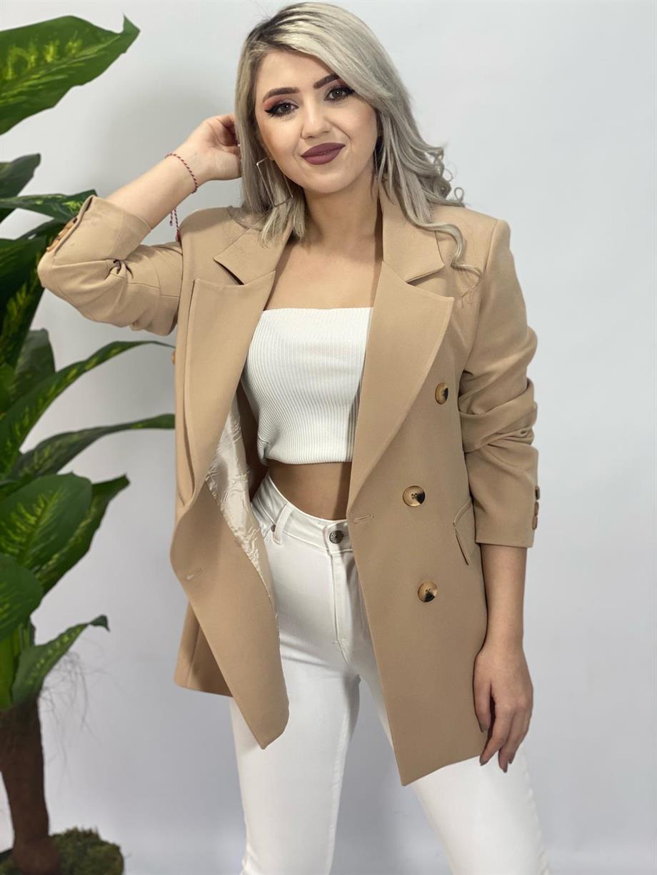 Ahşap Düğme Detaylı Blazer Ceket 
